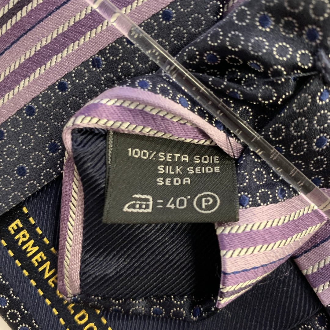 ERMENEGILDO ZEGNA Grey Purple Navy Stripe Silk Tie