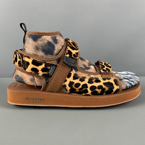 DOUBLET Size 10 Brown Tan Animal Print Mixed Materials Straps Sandals