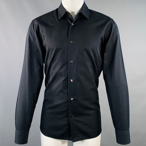 SALVATORE FERRAGAMO Size M Navy Logo Cotton Jacquard Long Sleeve Shirt