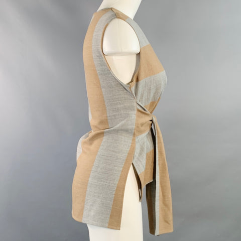 TIBI Size 2 Grey Tan Polyester Blend Stripe V-Neck Tie Casual Top