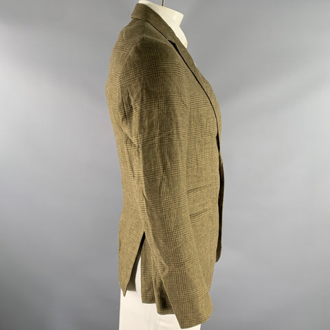 RALPH LAUREN Size 42 Green Olive Glen Check Linen Notch Lapel Sport Coat