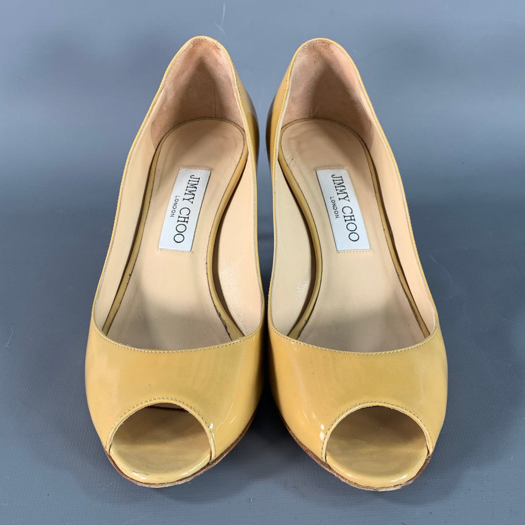 JIMMY CHOO Size 8 Tan Patent Leather Peep Toe Pumps