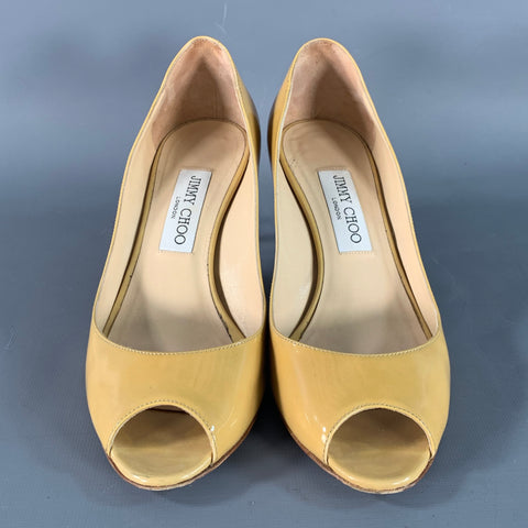 JIMMY CHOO Size 8 Tan Patent Leather Peep Toe Pumps
