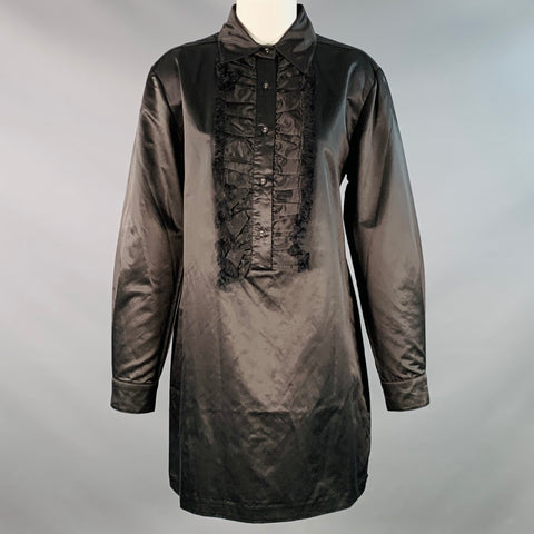 CYNTHIA ROWLEY Size XS Black Cotton Silk Satin Ruffled Button Up Shirt
