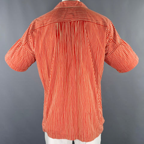 ISSEY MIYAKE Size XL Red White Stripe Cotton One Pocket Short Sleeve Shirt