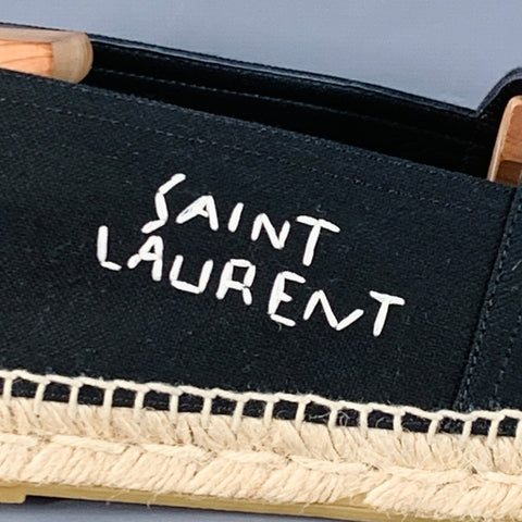 SAINT LAURENT Size 12 Black Natural Embroidered Logo Canvas Espadrille Sneakers