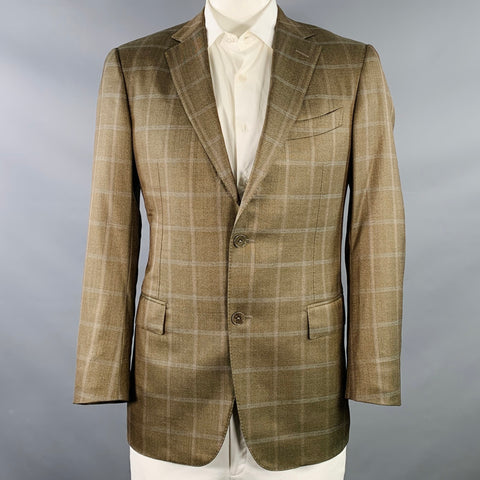 ERMENEGILDO ZEGNA Size 42 Brown Olive Window Pane Silk Wool Notch Lapel Sport Coat