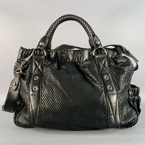 MIU MIU Black Perforated Leather Grommets Top Handles Handbag