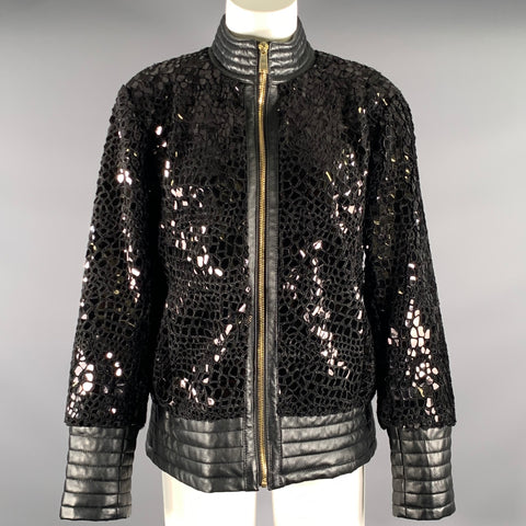 NEIMAN MARCUS Size M Black Polyester Embossed Zip Up Jacket Outdoor