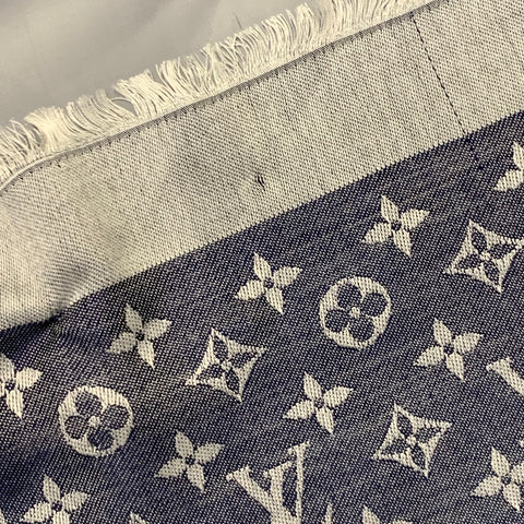 LOUIS VUITTON Blue Grey Monogram Silk Wool Square Fringe Scarf Shawl