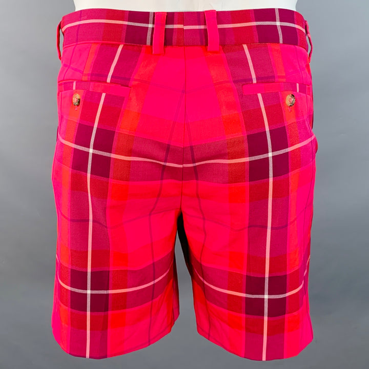 MR TURK Size 36 Red Fuchsia Plaid Polyester Blend Zip Fly Shorts