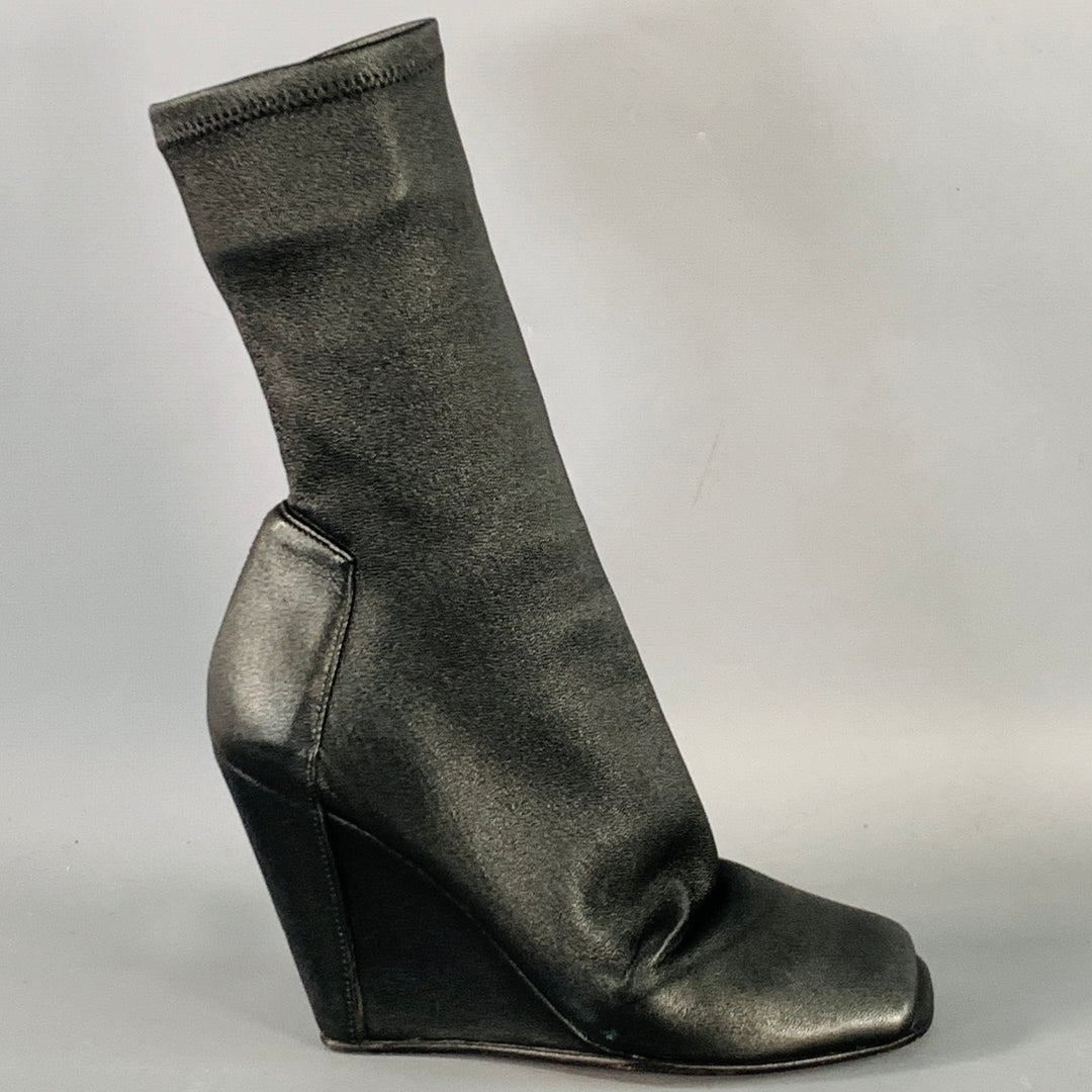 RICK OWENS Size 5 Black Lambskin Leather Open Toe Sock Wedge Boots