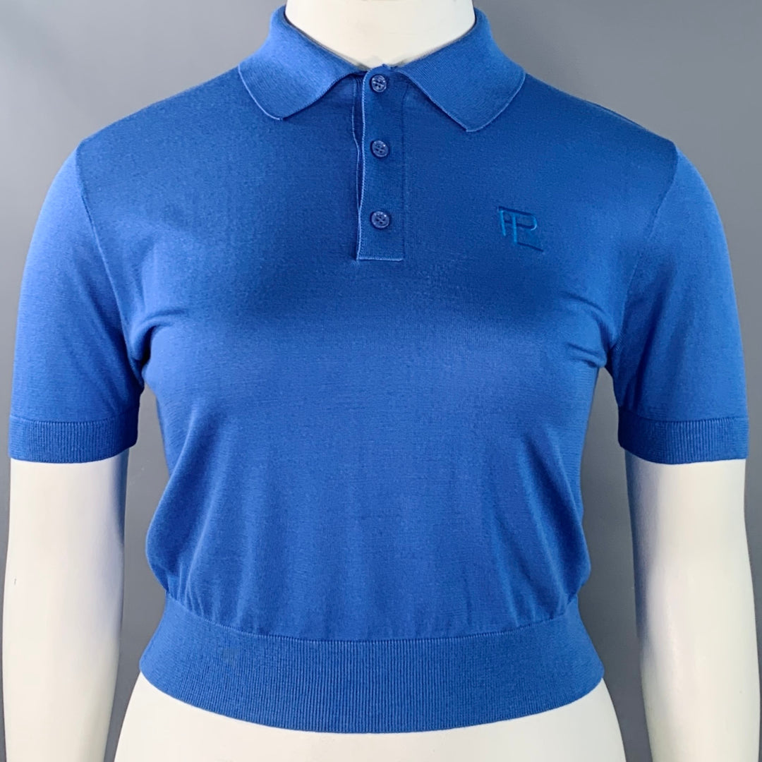 RALPH LAUREN COLLECTION Size L Blue Mulberry Silk Embroidered Polo Casual Top