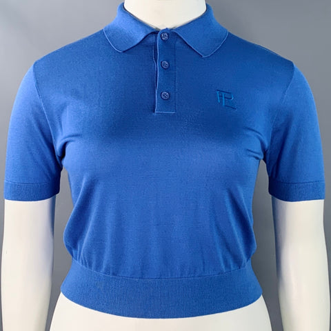 RALPH LAUREN COLLECTION Size L Blue Mulberry Silk Embroidered Polo Casual Top