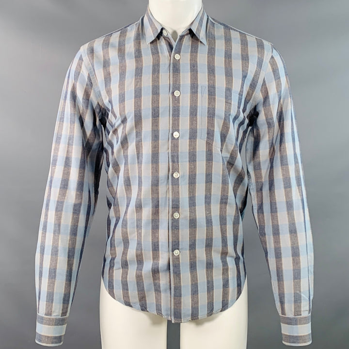 OUR LEGACY SS16 Size 38 Blue Grey Plaid Linen Cotton One Pocket Long Sleeve Shirt