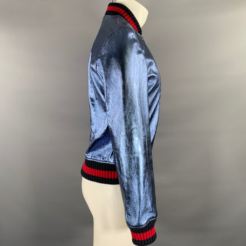 GUCCI Size 36 Blue Metallic Stripe Leather Bomber Jacket