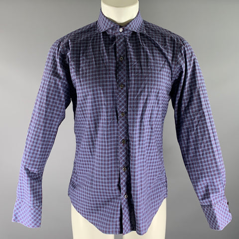 ZACHARY PRELL Size M Blue Burgundy Check Cotton Cutaway Long Sleeve Shirt