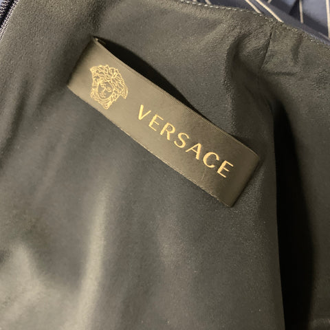 VERSACE SS2013 Size 4 Blue White Viscose & Cupra Pinstripe Notch Lapel Dress & Blazer Set