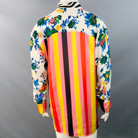 MSGM Size XL White Multi Color Polyester Viscose Floral Nautical Stripe Button Up Shirt