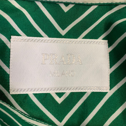PRADA Size M Green White Stripe Silk One Pocket Long Sleeve Shirt