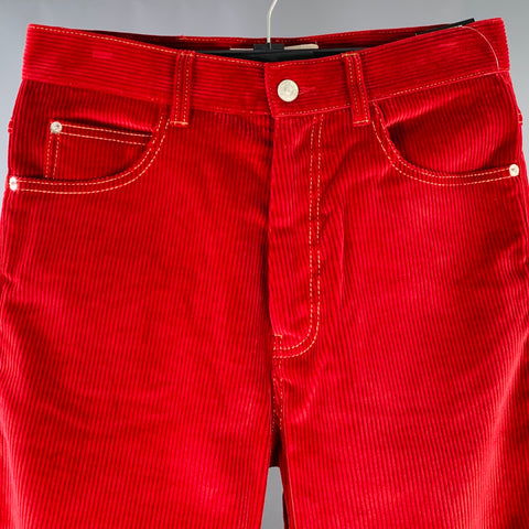 MARNI Size 28 Red Corduroy Cotton Contrast Stitch Wide Leg Casual Pants