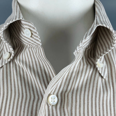 LORO PIANA Size L Tan White Stripe Cotton Button Down Long Sleeve Shirt