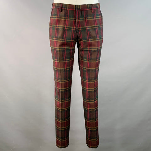 DRIES VAN NOTEN Size 36 Red Green Plaid Wool Notch Lapel Suit