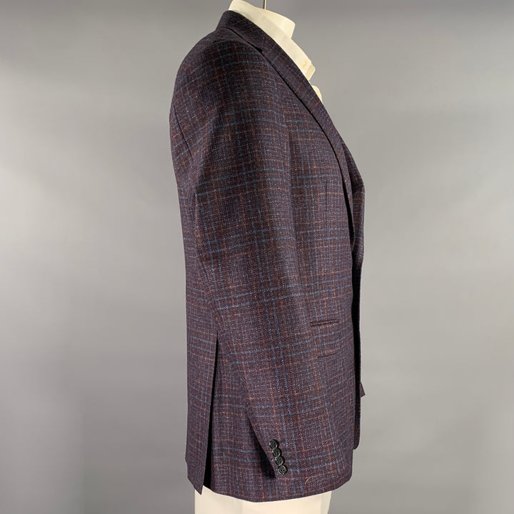 CANALI Size 42 Navy Brown Plaid Wool Notch Lapel Sport Coat