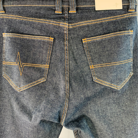 NO ID. BLACK Size 30 Blue Orange Contrast Stitch Cotton Blend High Waisted Bootcut Jeans