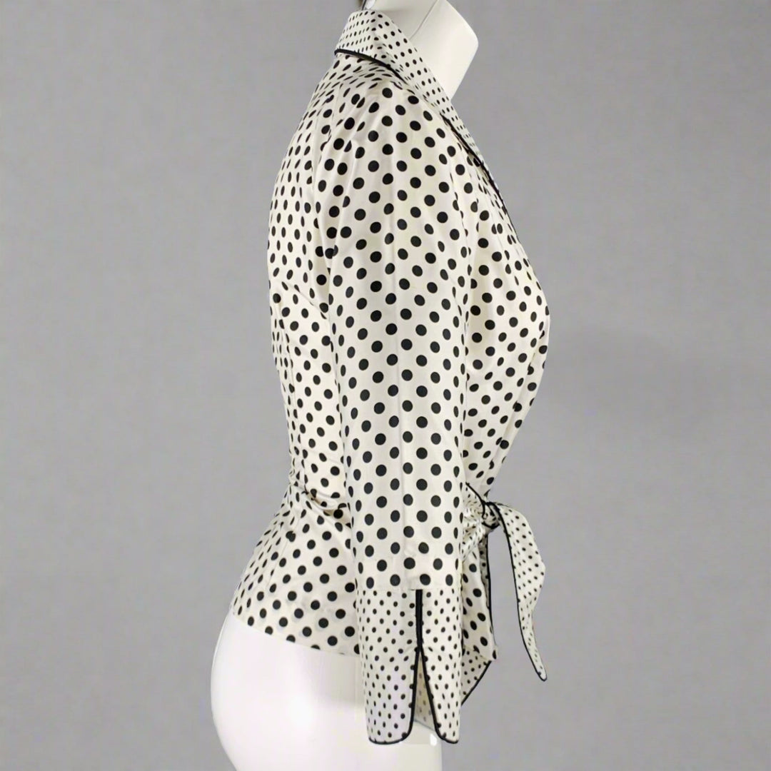 MARISA BARATELLI Size 4 White Black Silk Belted Polka Dot Jacket