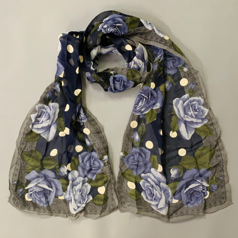 HALSTON Blue Green White Polka Dot Floral Roses Silk Scarf