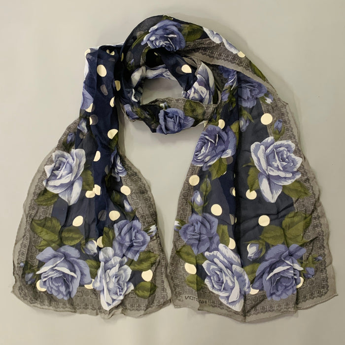 HALSTON Blue Green White Polka Dot Floral Roses Silk Scarf