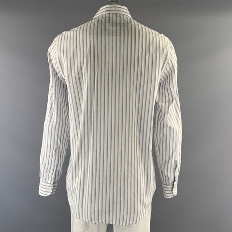 LUCIANO BARBERA Size L White Blue Stripe Linen Blend Camp Long Sleeve Shirt