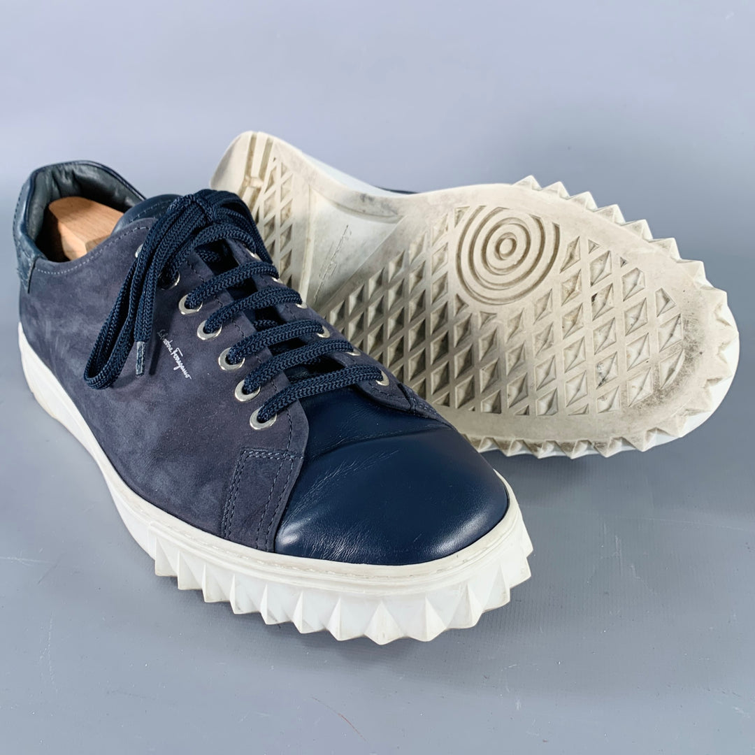 SALVATORE FERRAGAMO Size 10 Navy Suede Leather Lace-Up Sneakers