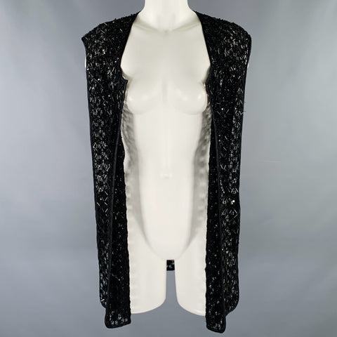 DRIES VAN NOTEN Size 8 Black Cotton Beaded Open Front Vest