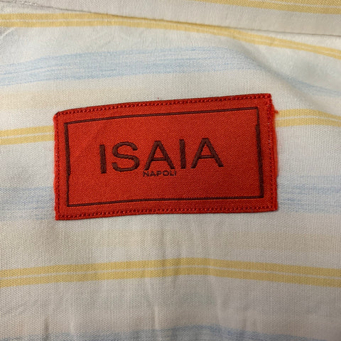ISAIA Size XL White Blue Yellow Stripe Cotton Pointed Collar Long Sleeve Shirt