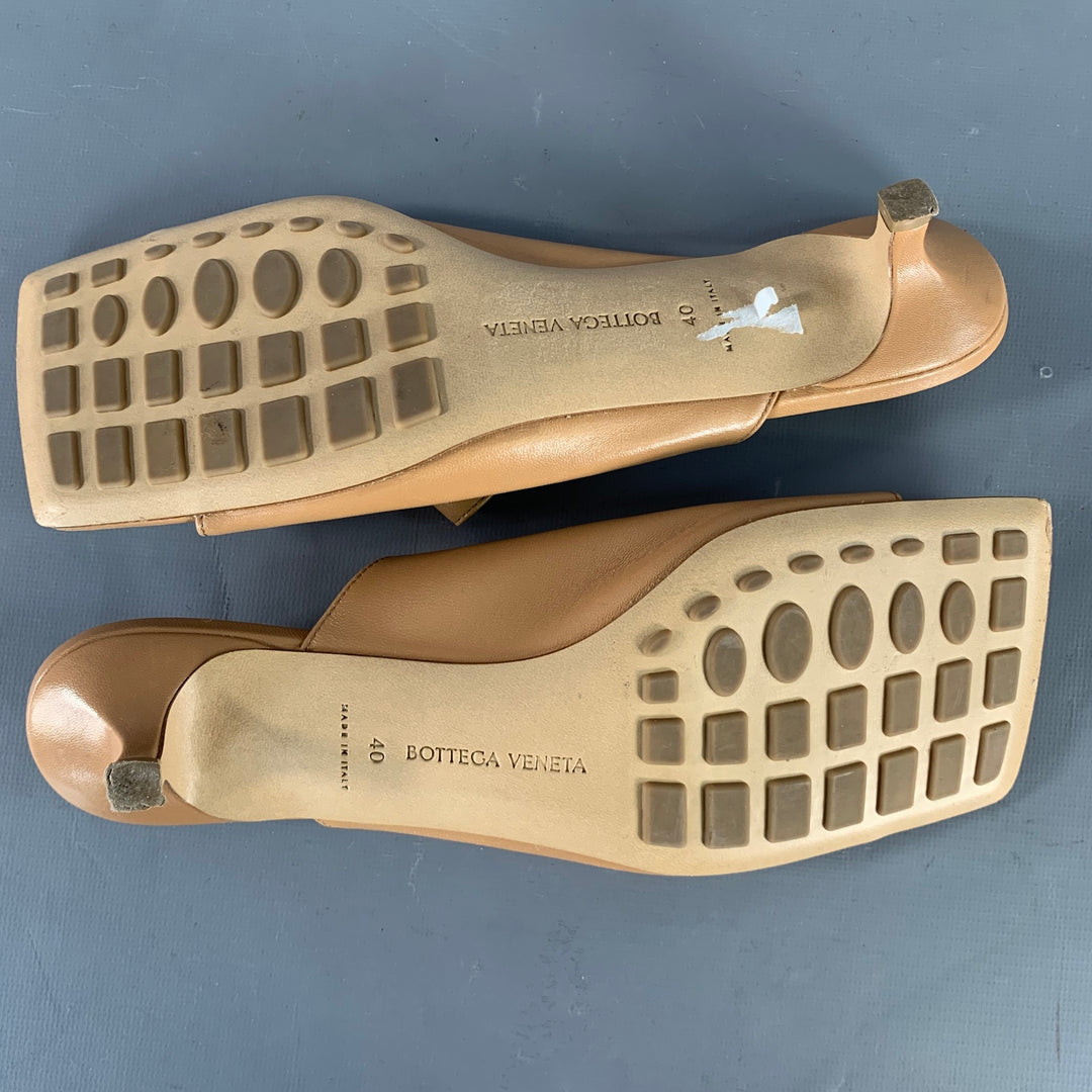 BOTTEGA VENETA Size 10 Tan Leather Square Toe Kitten Heel Mules Sandals