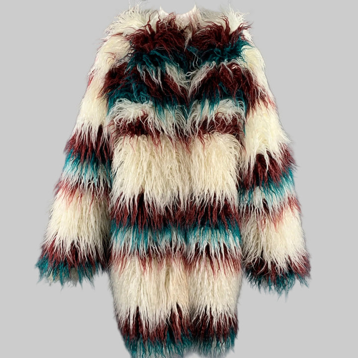 FRIED RICE One Size White Burgundy Teal Stripe Polyester Faux Fur Coat