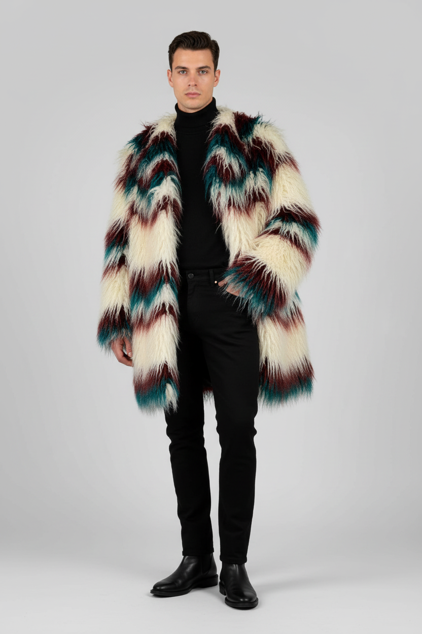 FRIED RICE One Size White Burgundy Teal Stripe Polyester Faux Fur Coat