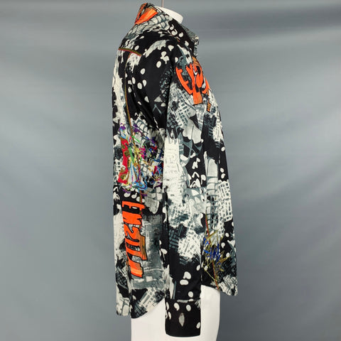 ROBERT GRAHAM Size L Black White Orange Applique Cotton Long Sleeve Shirt