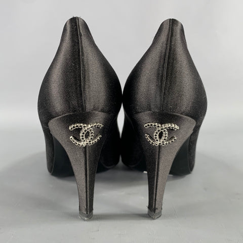 CHANEL Size 7.5 Black Satin Round Toe Pumps