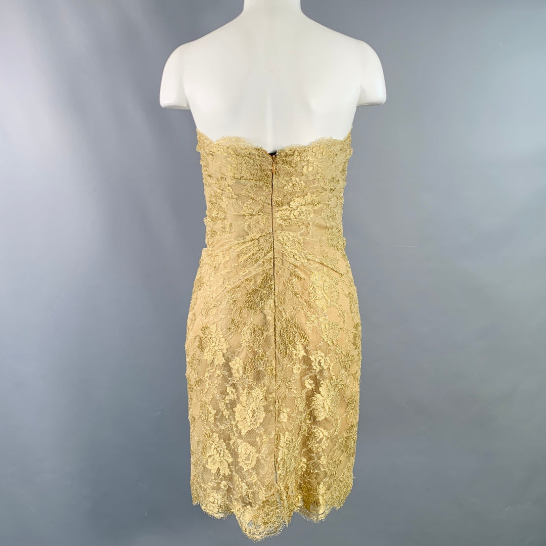 OKW Size 2 Beige Gold Silk Lace Strapless Mini Cocktail Dress