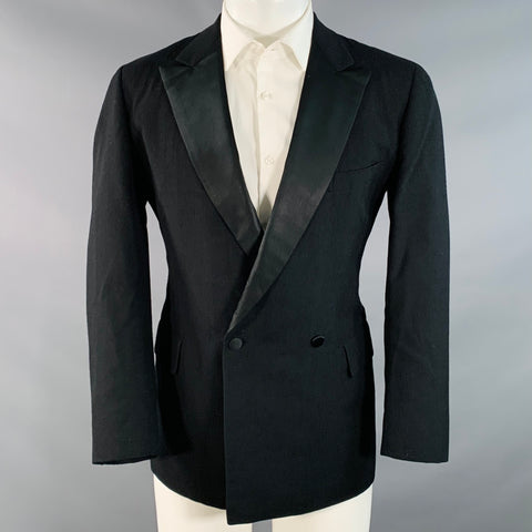 PAUL STUART Size 40 Regular Black Wool Double Breasted Peak Lapel Tuxedo Sport Coat
