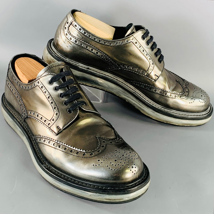 PRADA Size 9 Silver Metallic Perforated Leather Wingtip Lace-Up Shoes