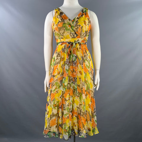 LAFAYETTE 148 Size 10 Yellow Multi Color Silk Chiffon Floral Sleeveless V-Neck Midi Dress