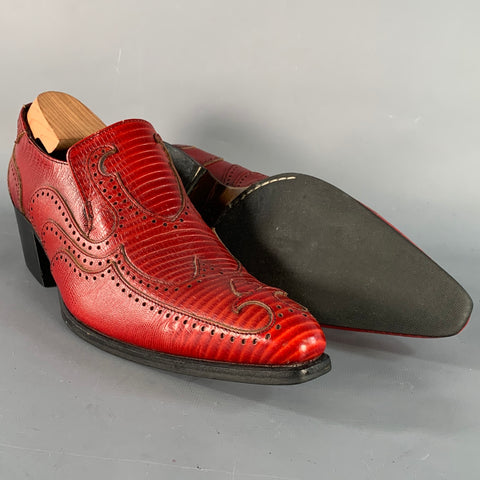 JOHN FLUEVOG Size 9 Red Lizard Embossed Leather Wingtip Chunky Heeled Loafers