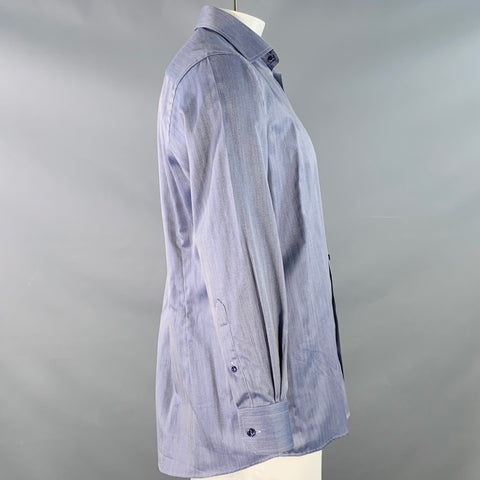 ETON Size L Navy White Herringbone Twill Cotton Curved Cutaway Long Sleeve Shirt