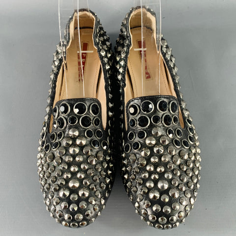 PRADA Size 7.5 Black Silver Leather Studded Slip On Loafers Flats