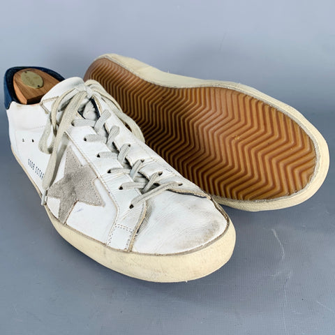 GOLDEN GOOSE SUPERSTAR Size 11 White Grey Navy Color Block Leather Distressed Sneakers