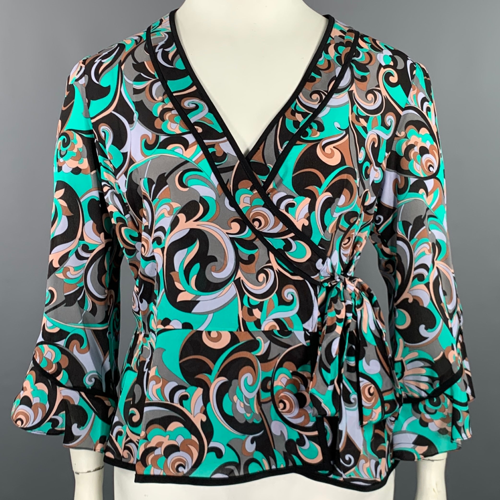 NANETTE LEPORE Size 10 Green Black Silk Abstract Wrap Around Blouse Sui Generis Designer Consignment